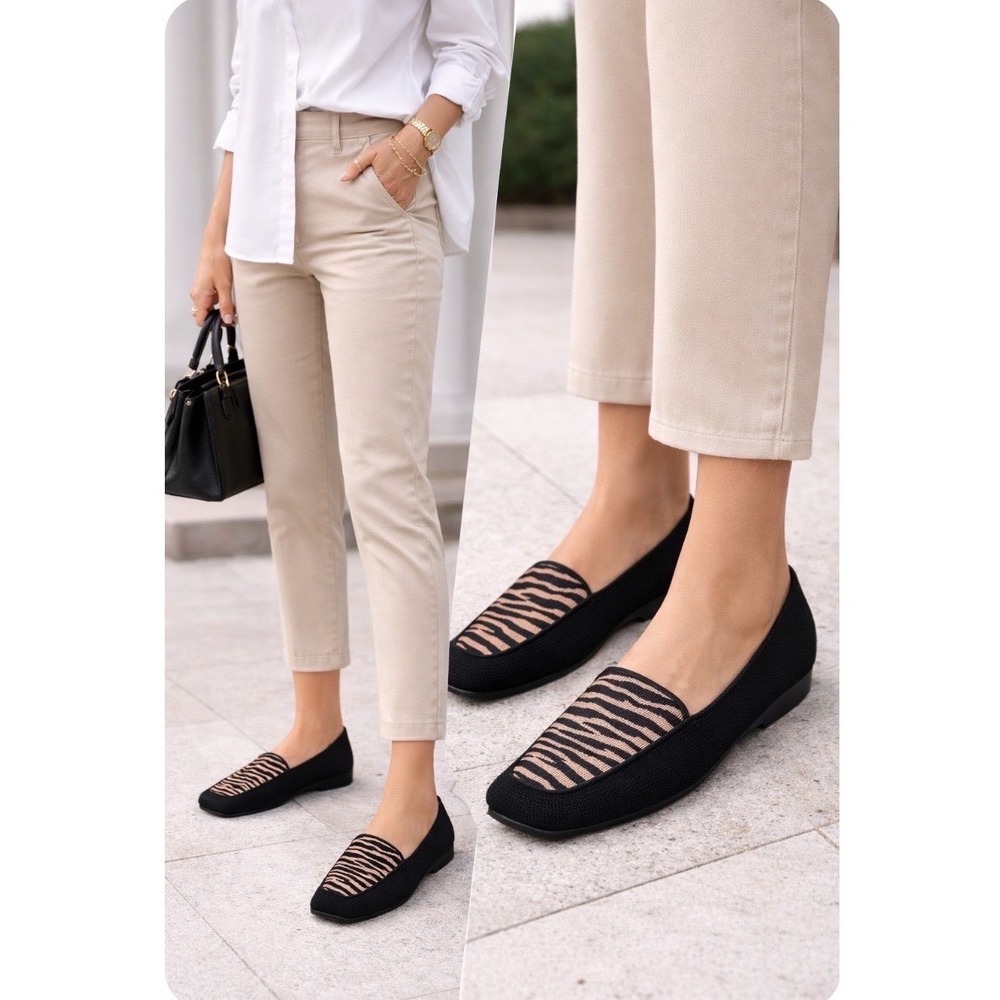 VIVAIA Aria 5 Square Toe‎ Loafers Black Tan Tiger Stripe Knit Flats EU 42